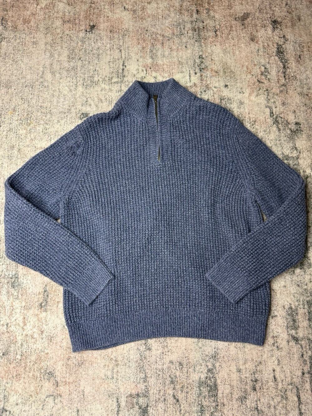 LL Bean Organic Cotton Waffle Knit Quarter Zip Sweater Mens M Blue
